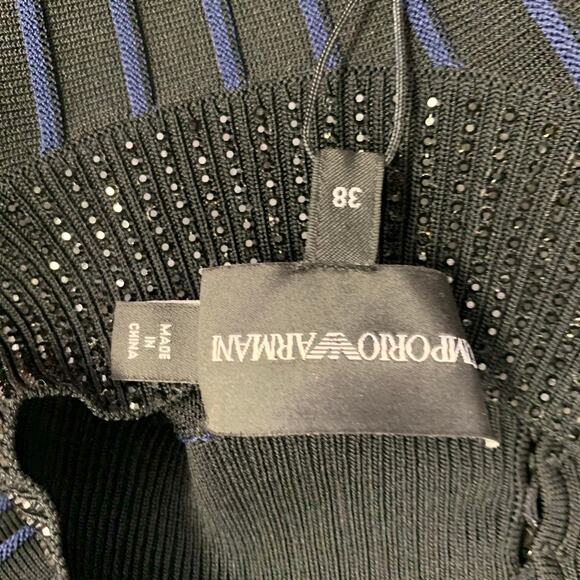 EMPORIO ARMANI Size S Black Navy Viscose Blend Stripe Mock Neck Dress Top - Picture 6 of 9